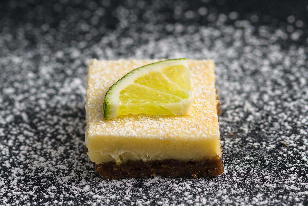 key lime pie bars with gingersnap crust, close up