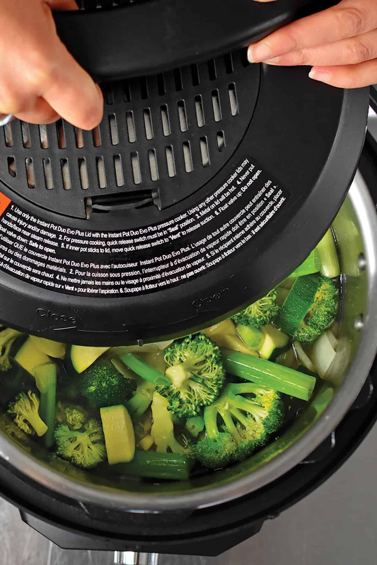 Overhead shot of the Instant Pot with the ingredients added