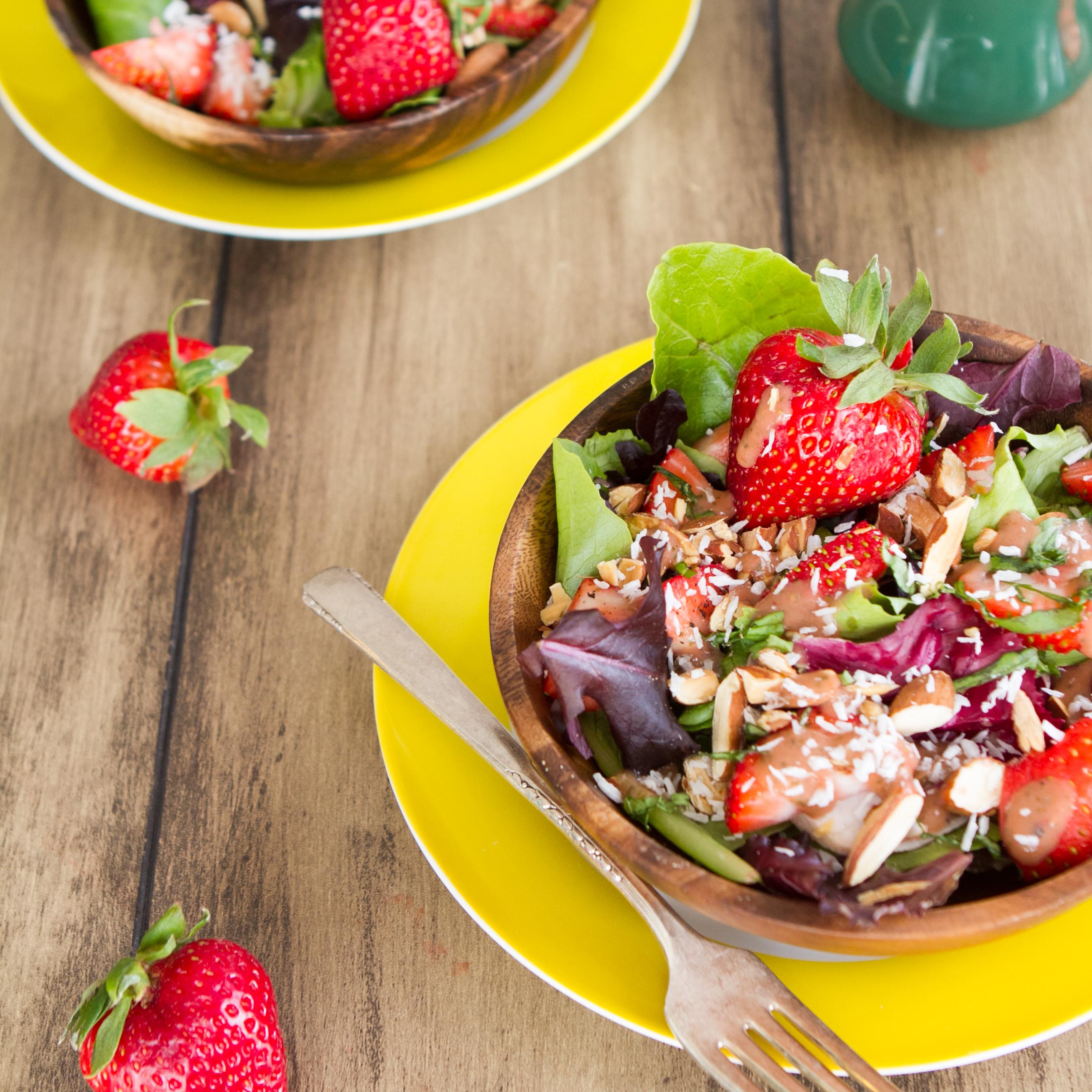 Close-up shot of a Strawberry Spring Salad with Basil, highlighting the vibrant colors and fresh ingredients.