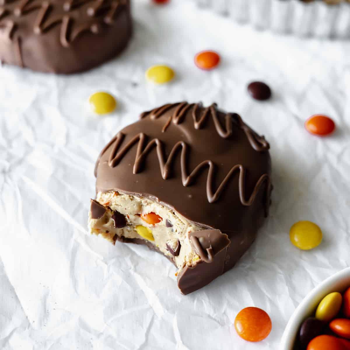 Close-up shot of Reese's Deviled Eggs on a platter garnished with mini Reese's Peanut Butter Cups