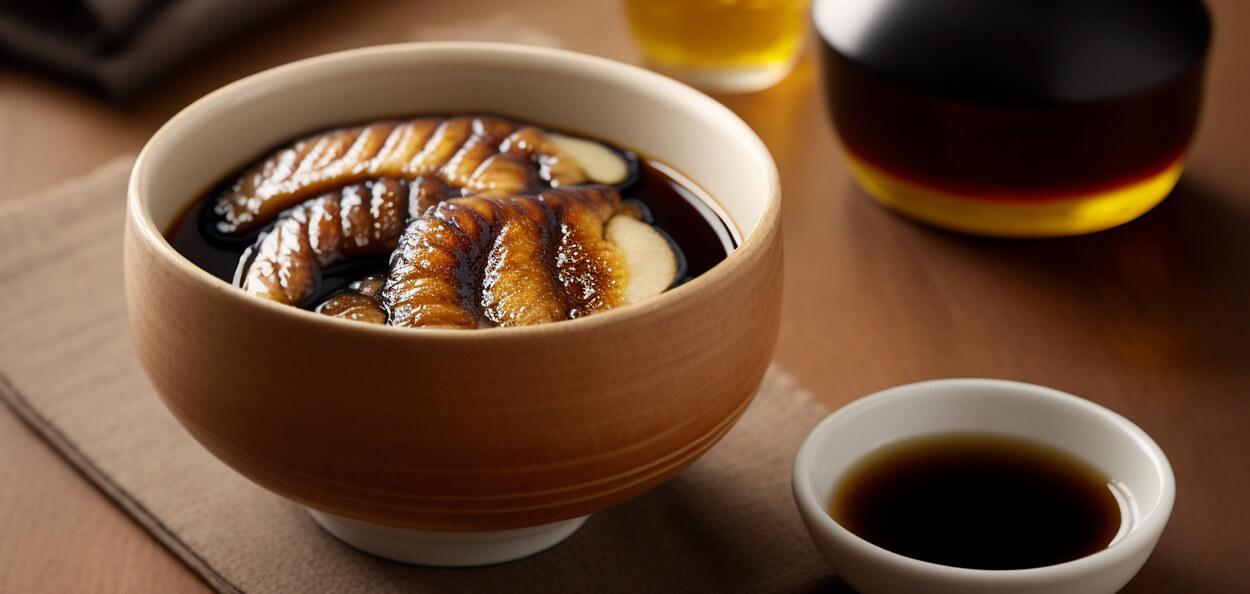 A bowl of homemade unagi sauce, showing its rich, glossy texture