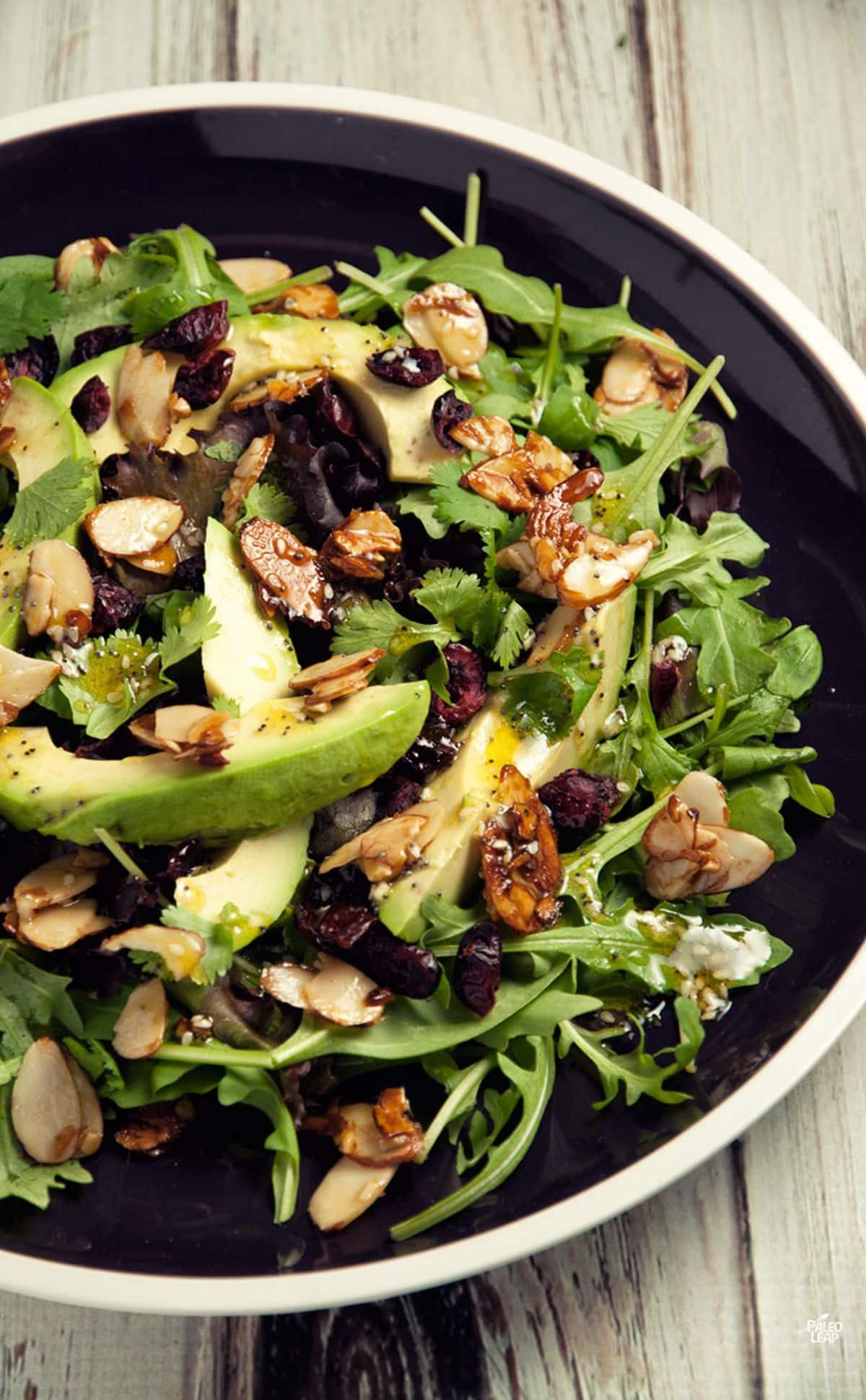 overhead shot of a vibrant keto avocado cranberry salad