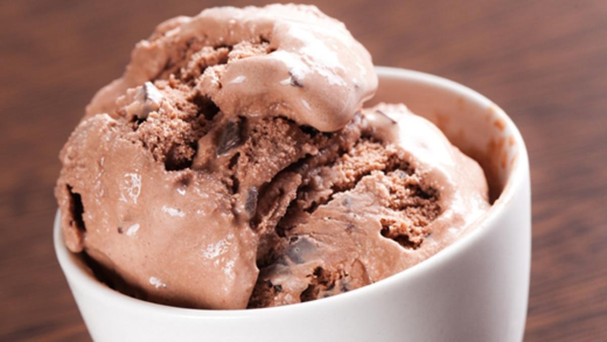 Close-up shot of a bowl of Midnight Chocolate Fudge Ice Cream with a spoon