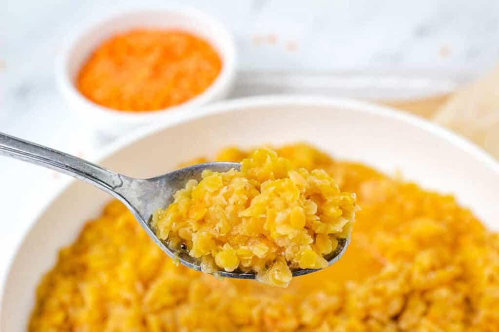 Close-up shot of a spoon scooping a portion of the Lentil Oatmeal Bowl
