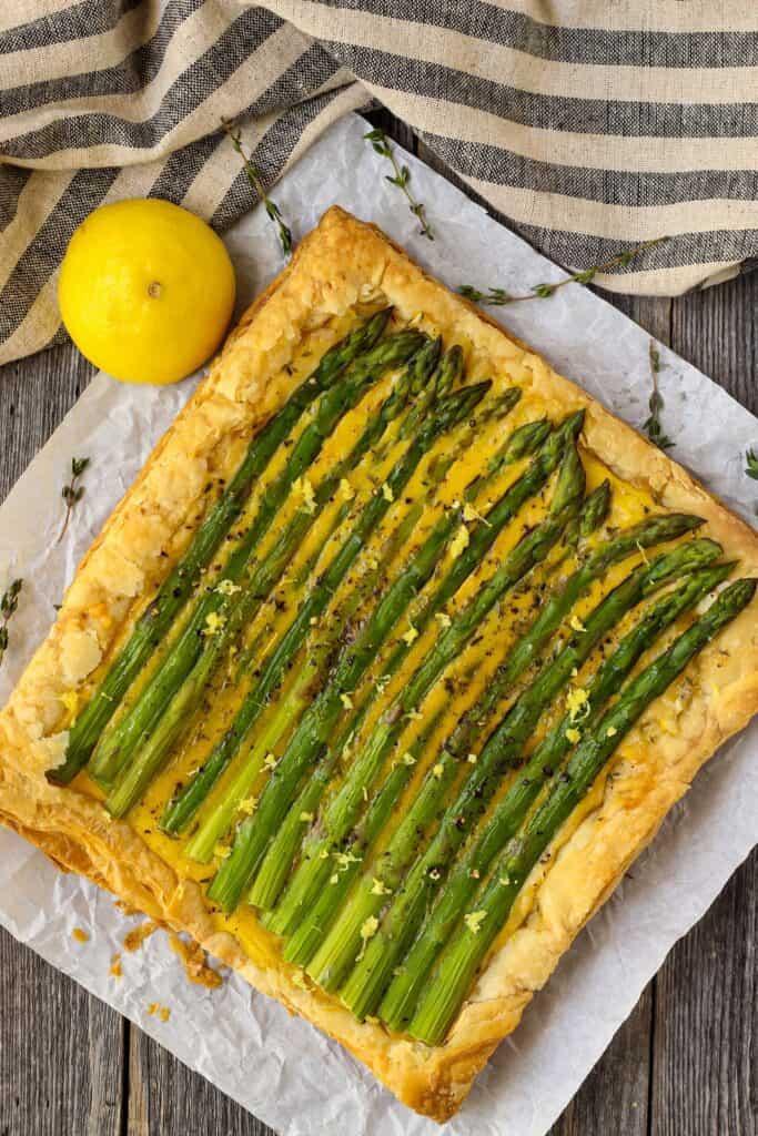 Overhead shot of a perfectly baked Asparagus and Smoked Gouda Quiche