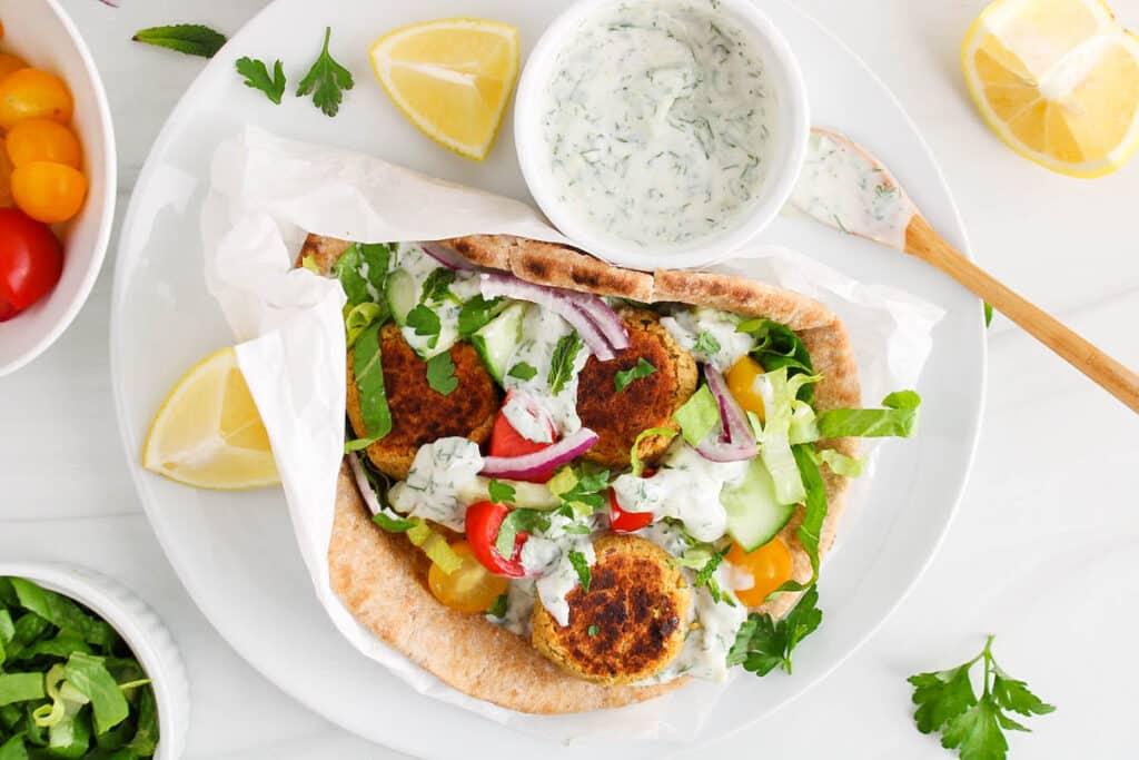 Smoked Paprika & Garlic Falafel served in pita bread with vegetables and aioli