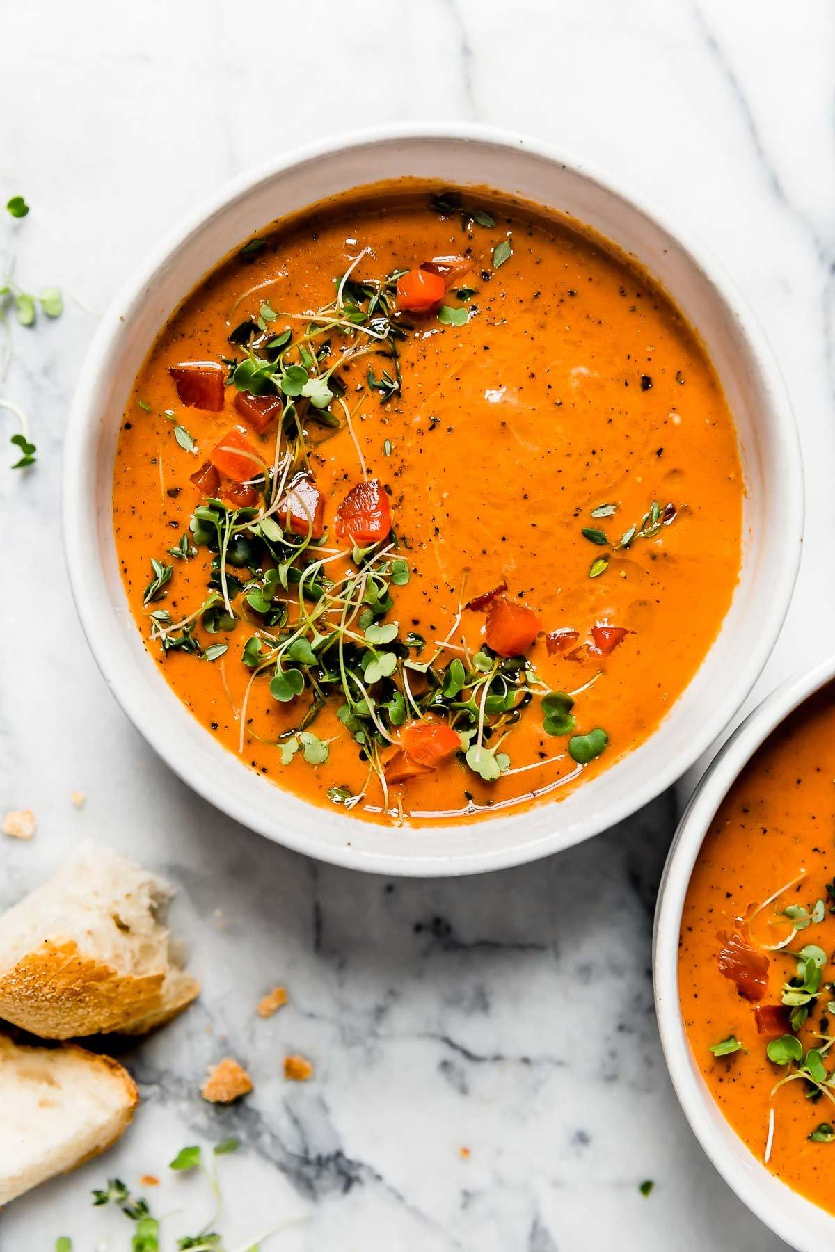 bowl of roasted red pepper and walnut soup