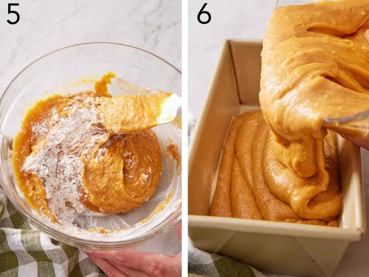 Close-up shot of the pumpkin and squash bread batter being poured into a baking pan.