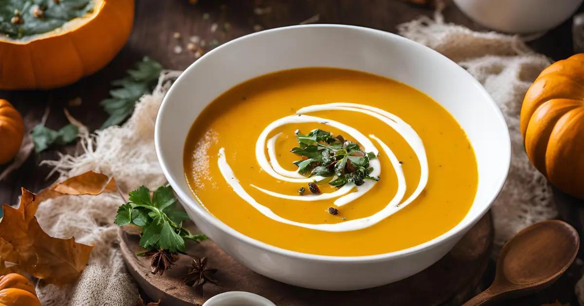 Close-up shot of creamy orange pumpkin soup in a bowl, garnished with coconut flakes and a sprig of cilantro
