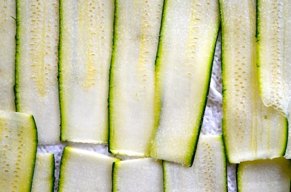 Close-up of sliced zucchini for lasagna