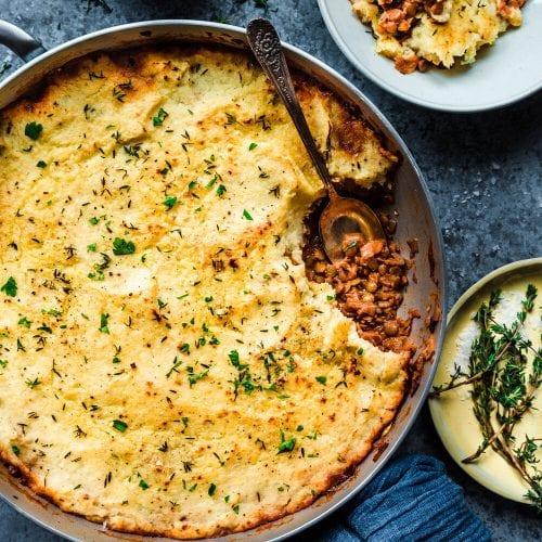 Overhead shot of a freshly baked Lentil Shepherd's Pie