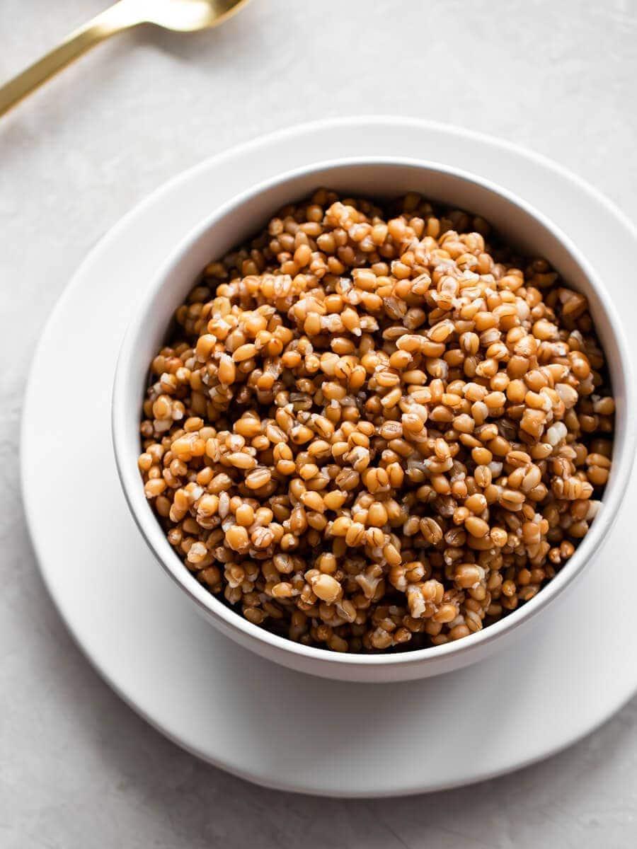 Close-up of a bowl of cooked wheat berries