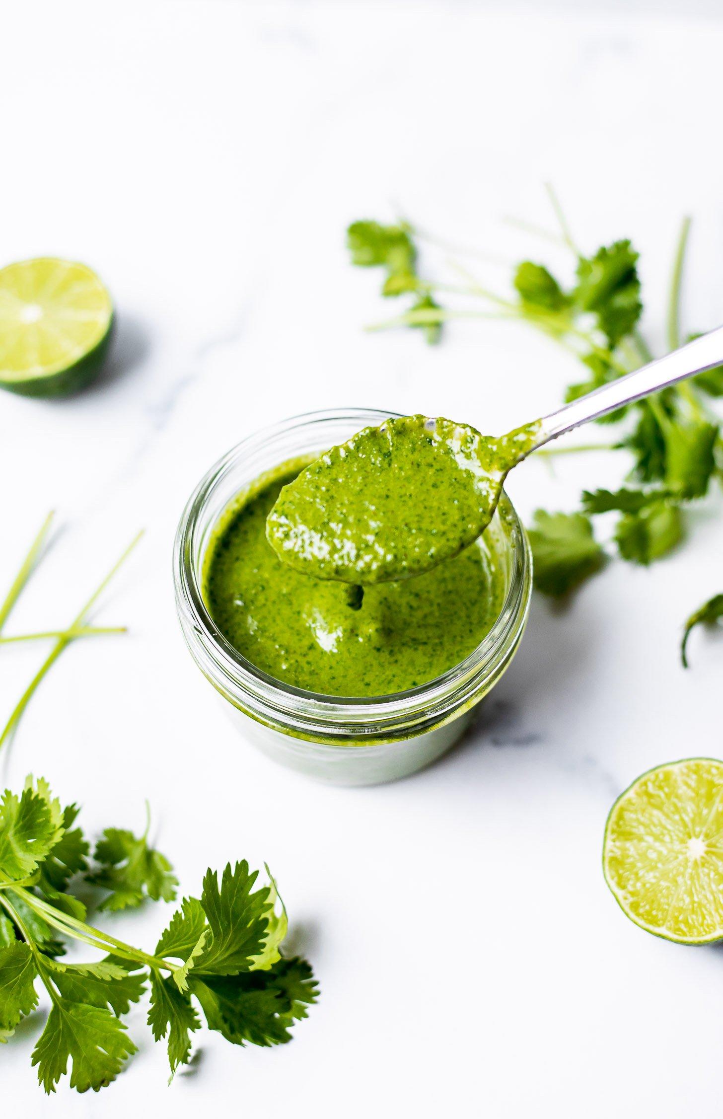 A bowl of vibrant cilantro-lime marinade