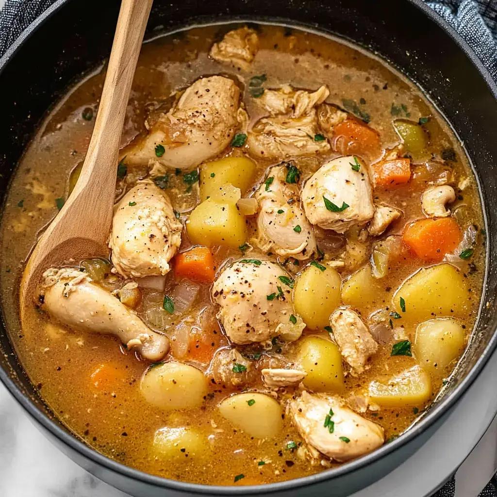 A person spooning chicken stew into a bowl
