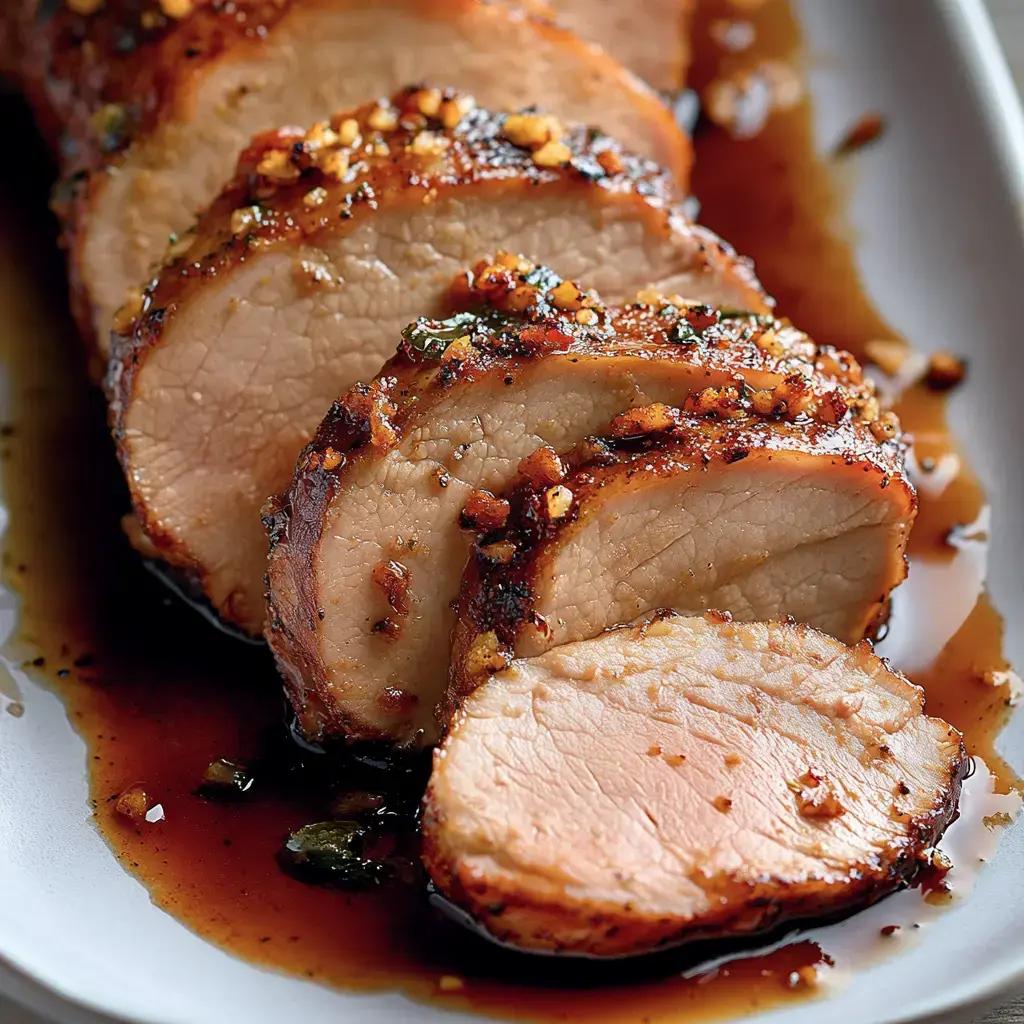 Close up of a juicy chili-rubbed pork tenderloin on a plate, garnished with fresh herbs.