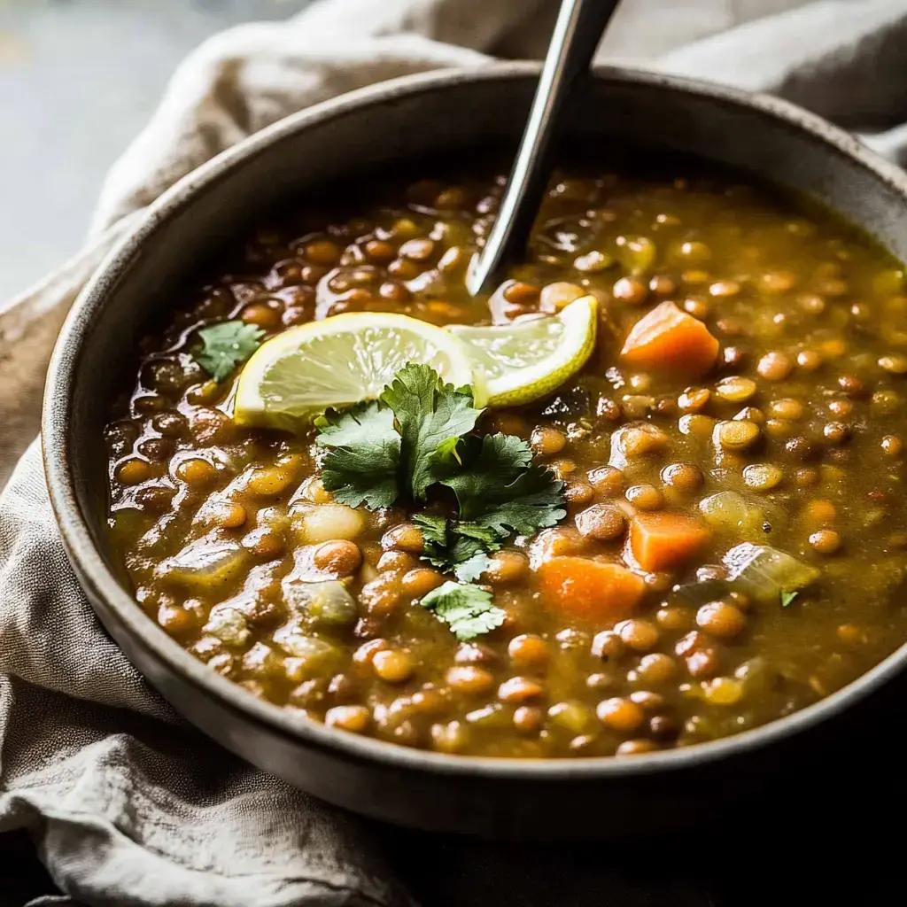 A hearty bowl of lentil soup with corn and black beans, garnished with fresh cilantro