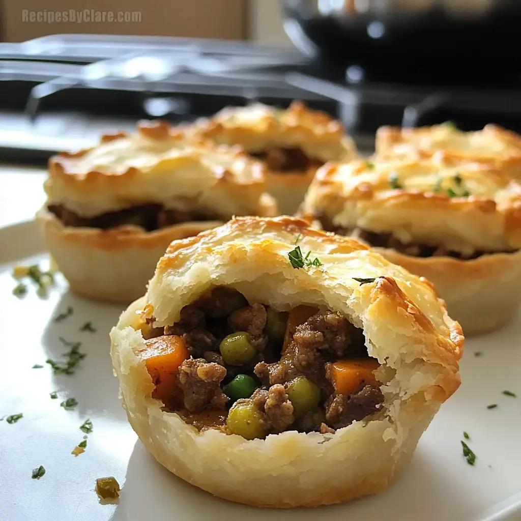 Close-up shot of four miniature shepherd's pies with golden-brown tops and a sprinkle of cheddar cheese in a rustic baking dish