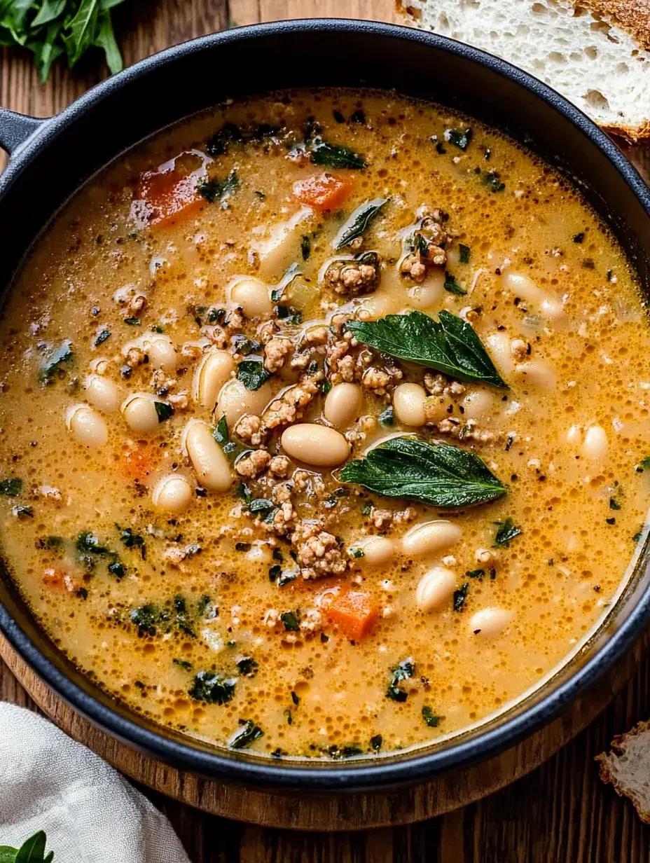 A rustic bowl of hearty sausage and white bean soup, garnished with fresh herbs