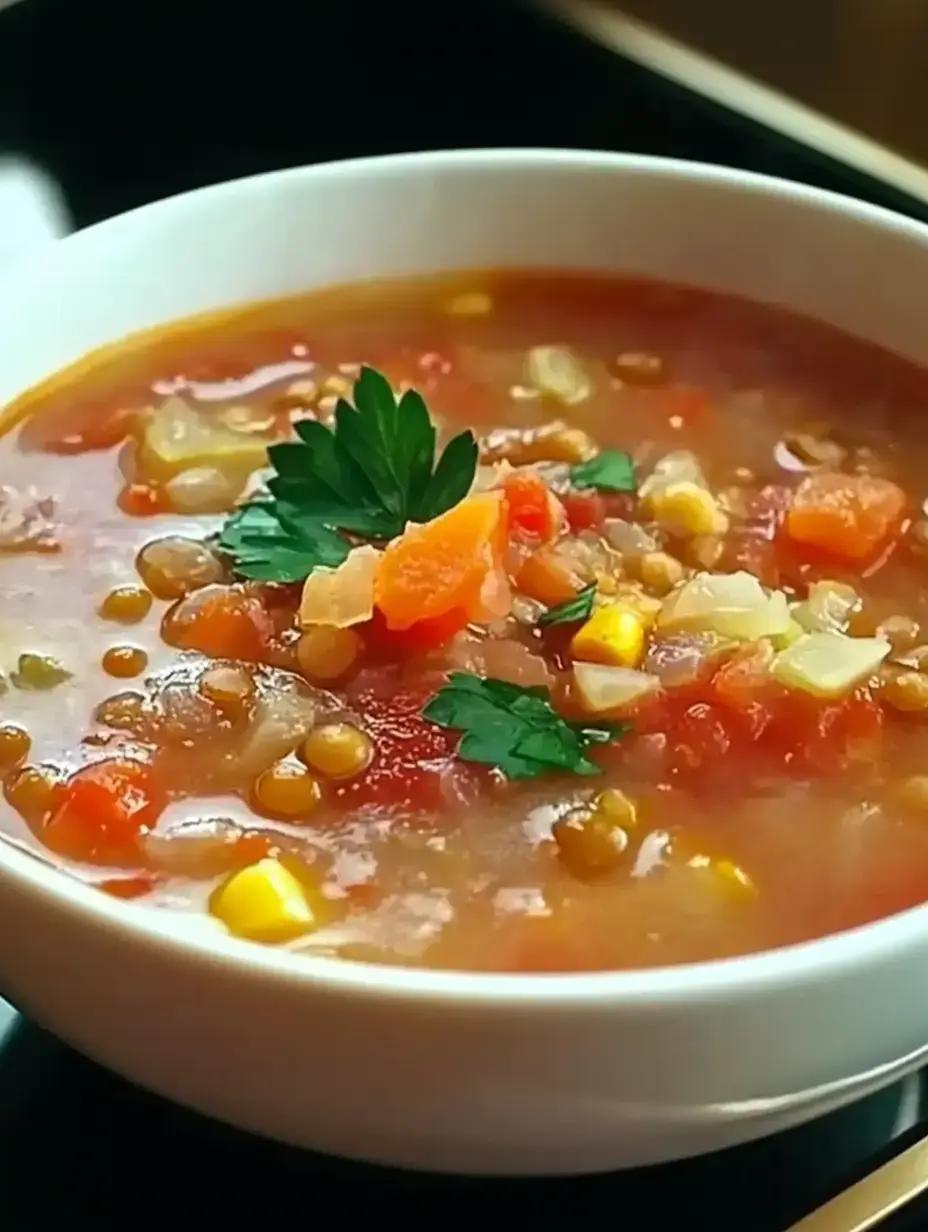 A hearty bowl of cold lentil and vegetable soup garnished with fresh herbs
