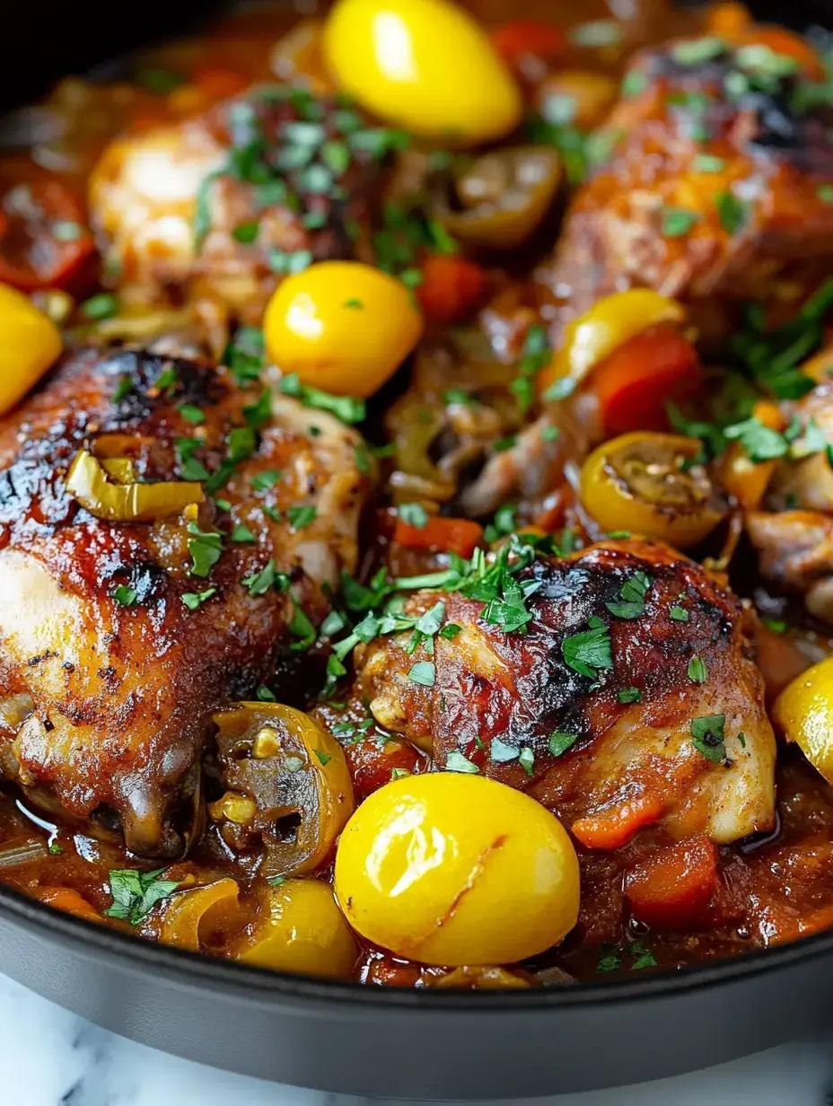 close up of chicken pieces in cinnamon spice coq au vin, garnished with fresh parsley