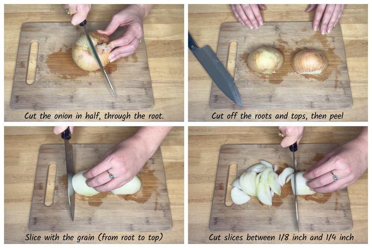 step-by-step images showing the onion caramelization process