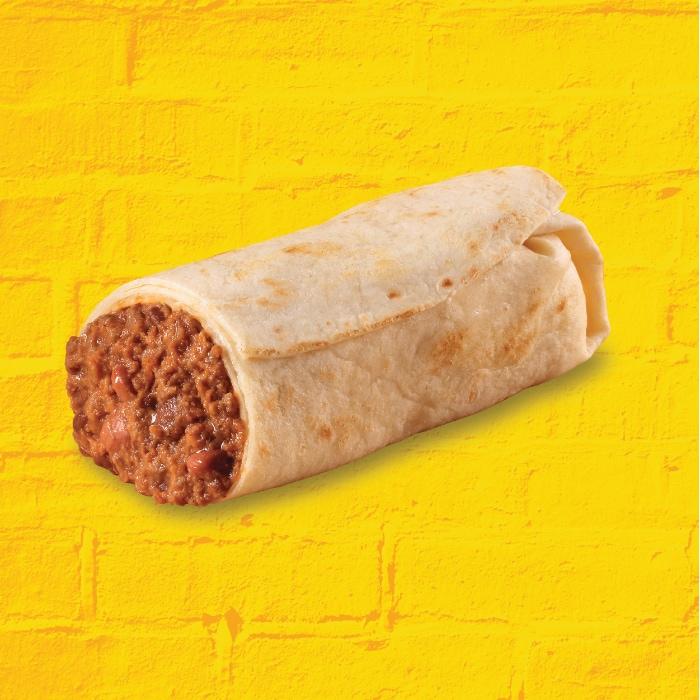Close up of a single beef and bean burrito, perfectly wrapped