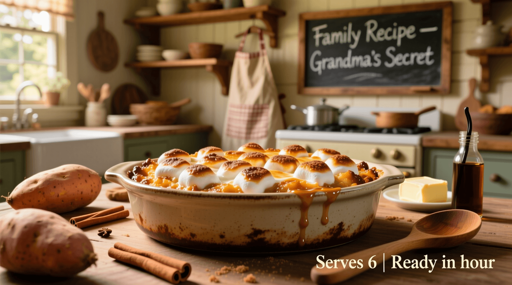 Cozy kitchen scene with family preparing sweet potatoes for a holiday meal