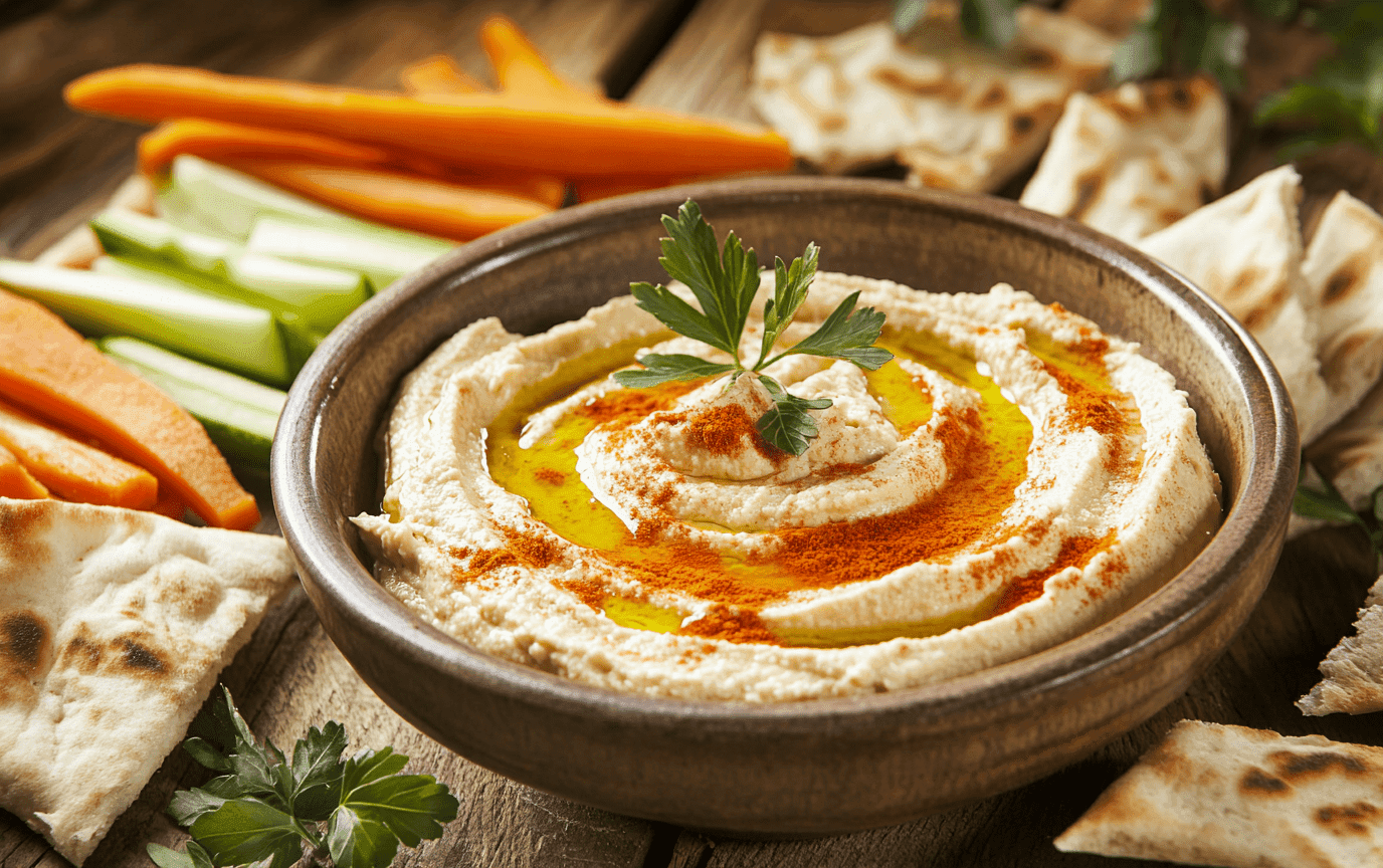 A vibrant bowl of tangy hummus with pita bread and vegetables