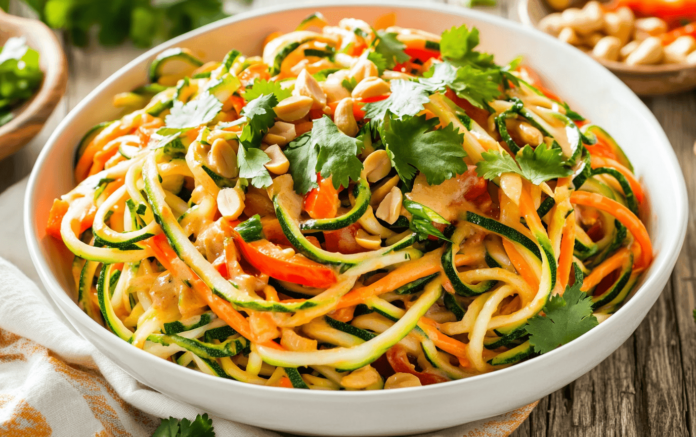 A vibrant and colorful bowl of zucchini noodles tossed with a Mediterranean quinoa salad, garnished with fresh herbs and a lemon wedge.