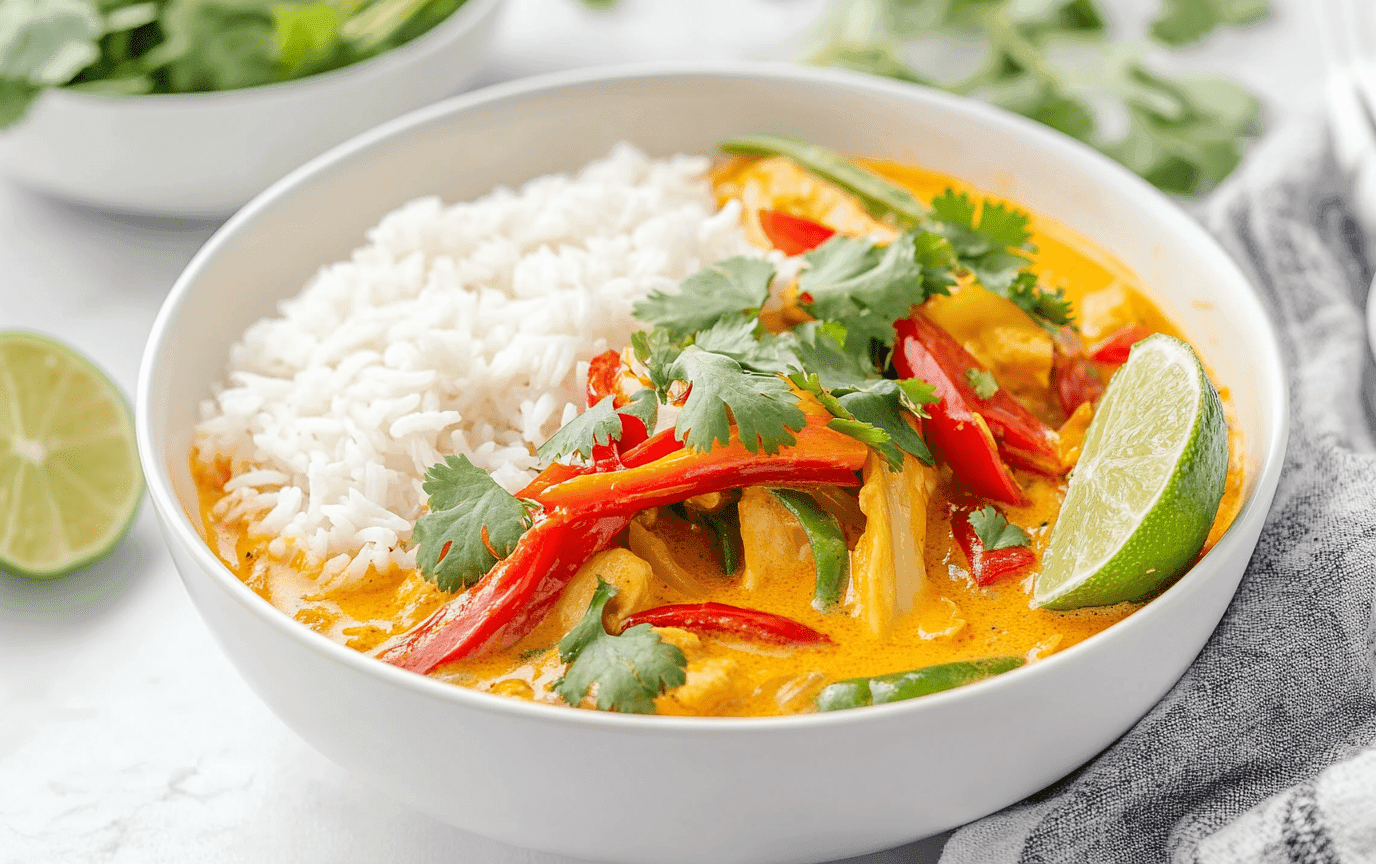 A vibrant, steaming bowl of yellow curry rice garnished with fresh cilantro and lime wedges.