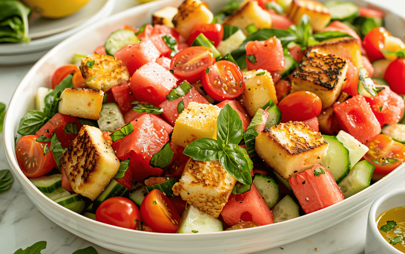 vibrant watermelon salad with grilled halloumi, fresh mint, and a lemon vinaigrette