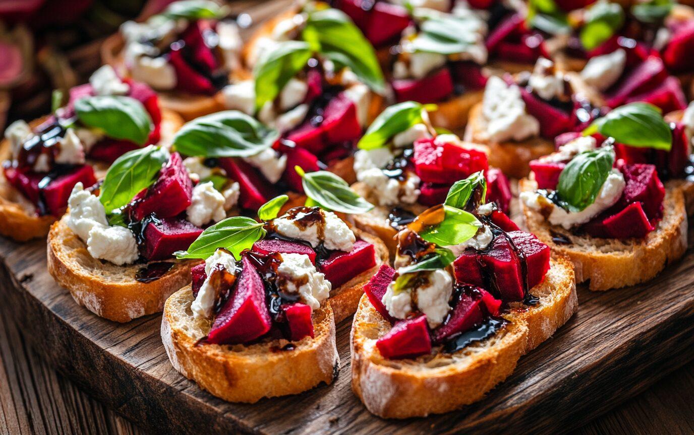 Close up of a single bruschetta bite showing the layers of beet, goat cheese, and bread