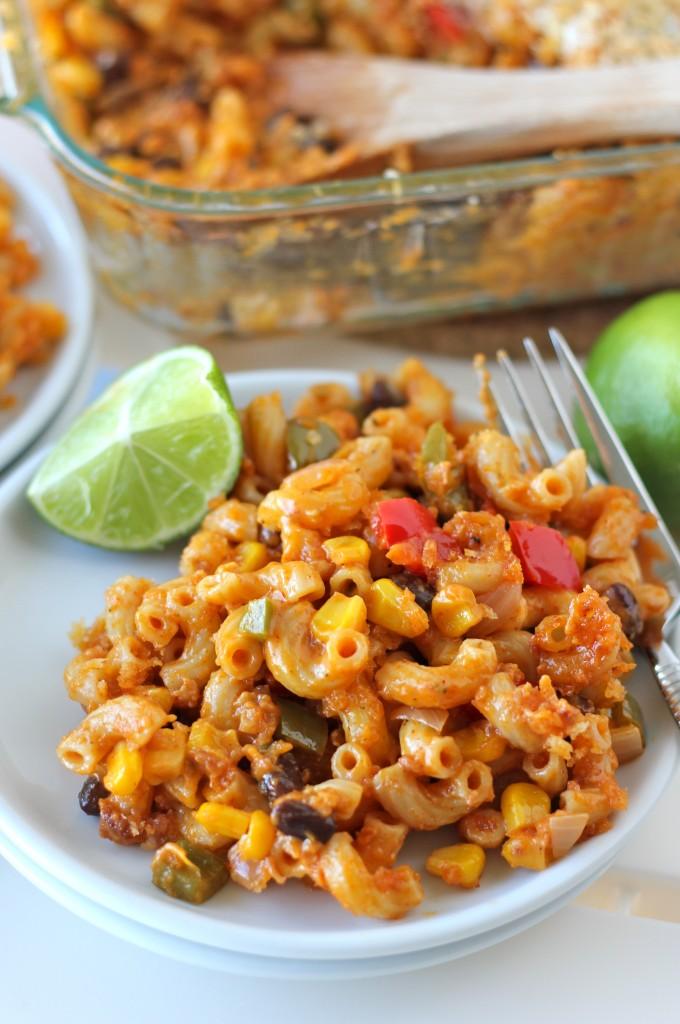 Close-up shot of a delicious-looking mac and cheese with chorizo