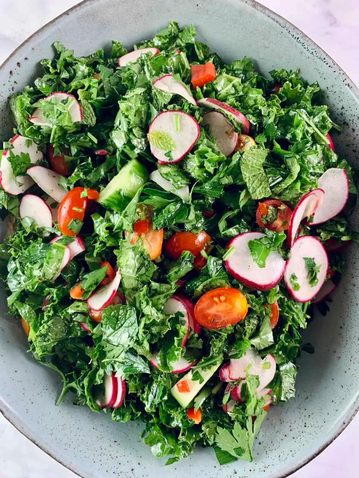 Close up of a bowl of Kale and Pistachio Fattoush