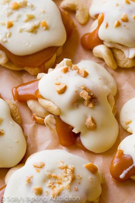 Close-up shot of creamy cashew cheese candies on a baking sheet
