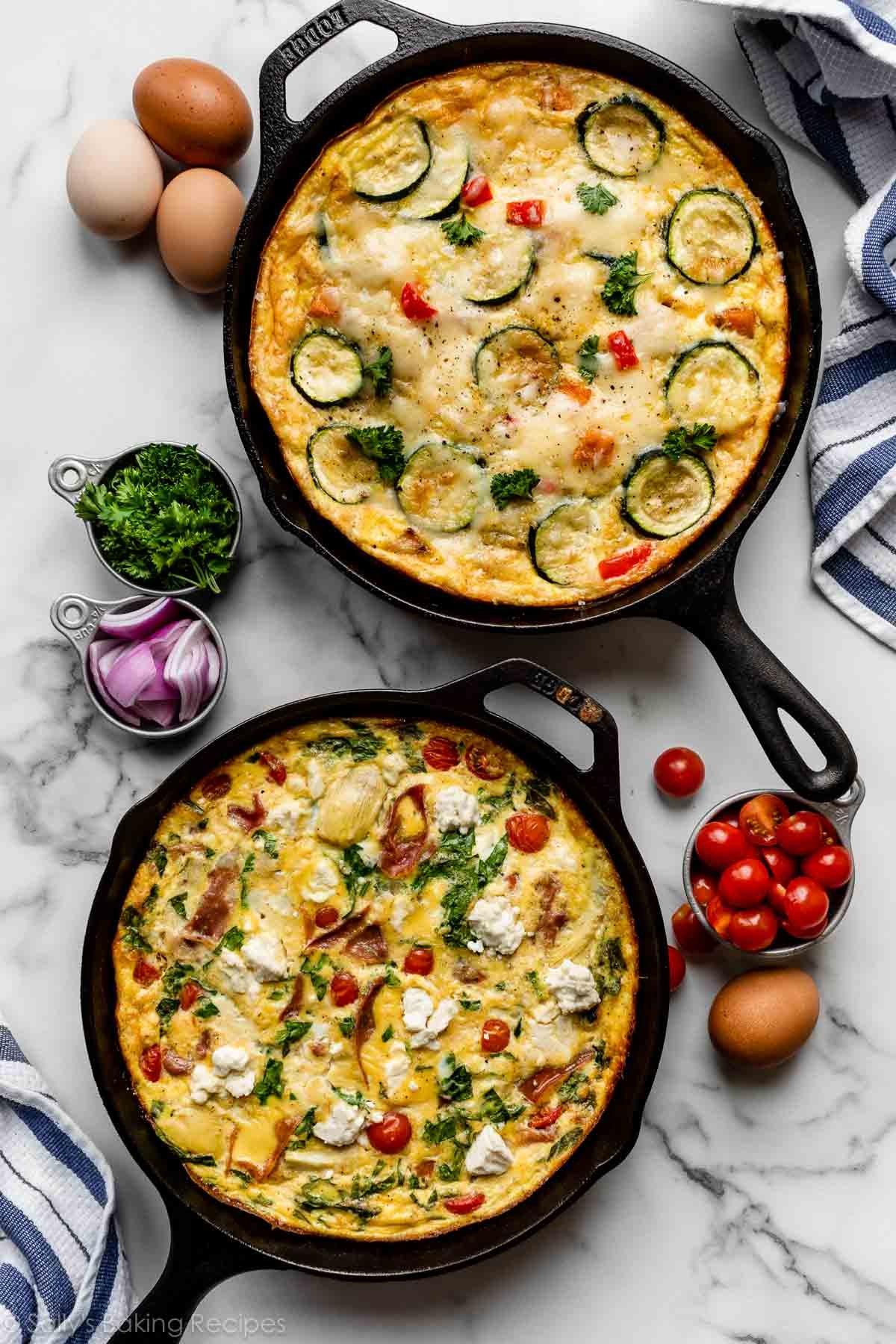 Mini Wheat Frittatas with Cheese and Vegetables in a cast iron skillet