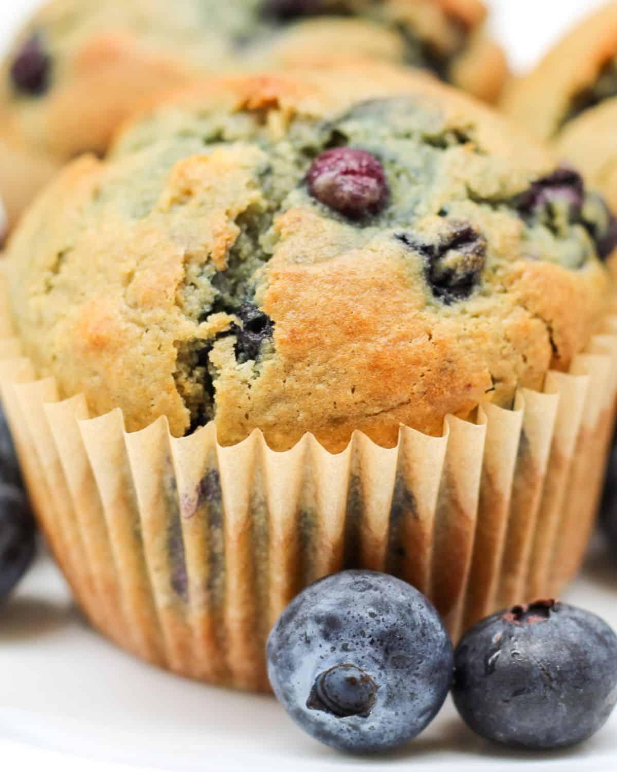 Close-up shot of a single coconut yogurt blueberry muffin