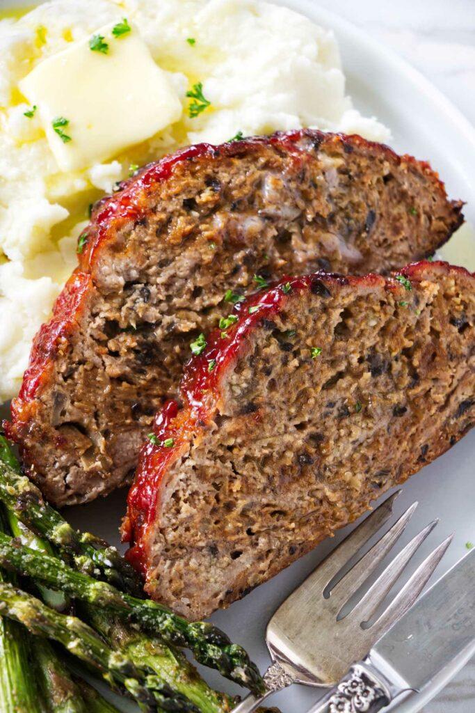 Juicy turkey meatloaf with a rich mushroom and wine sauce