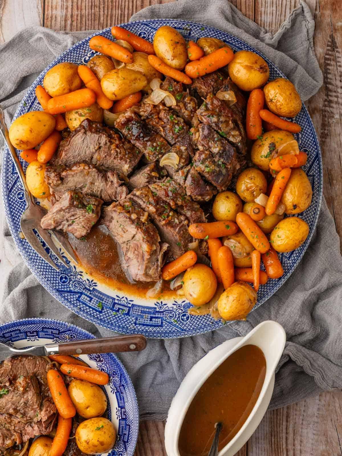 a family eating pot roast around a dinner table