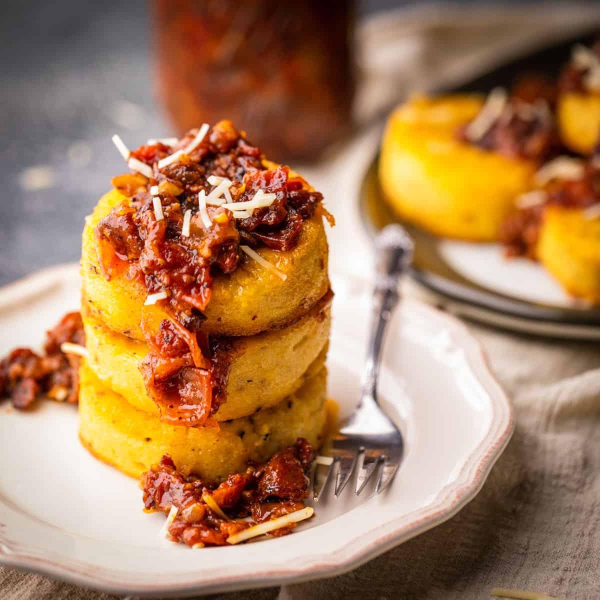 Close-up shot of a slice of polenta cake showing its texture