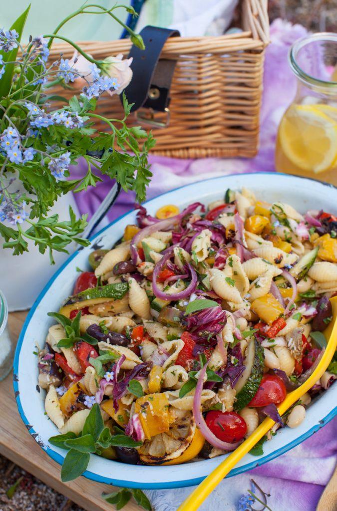 Close-up of Antipasto Pasta Salad on a picnic blanket