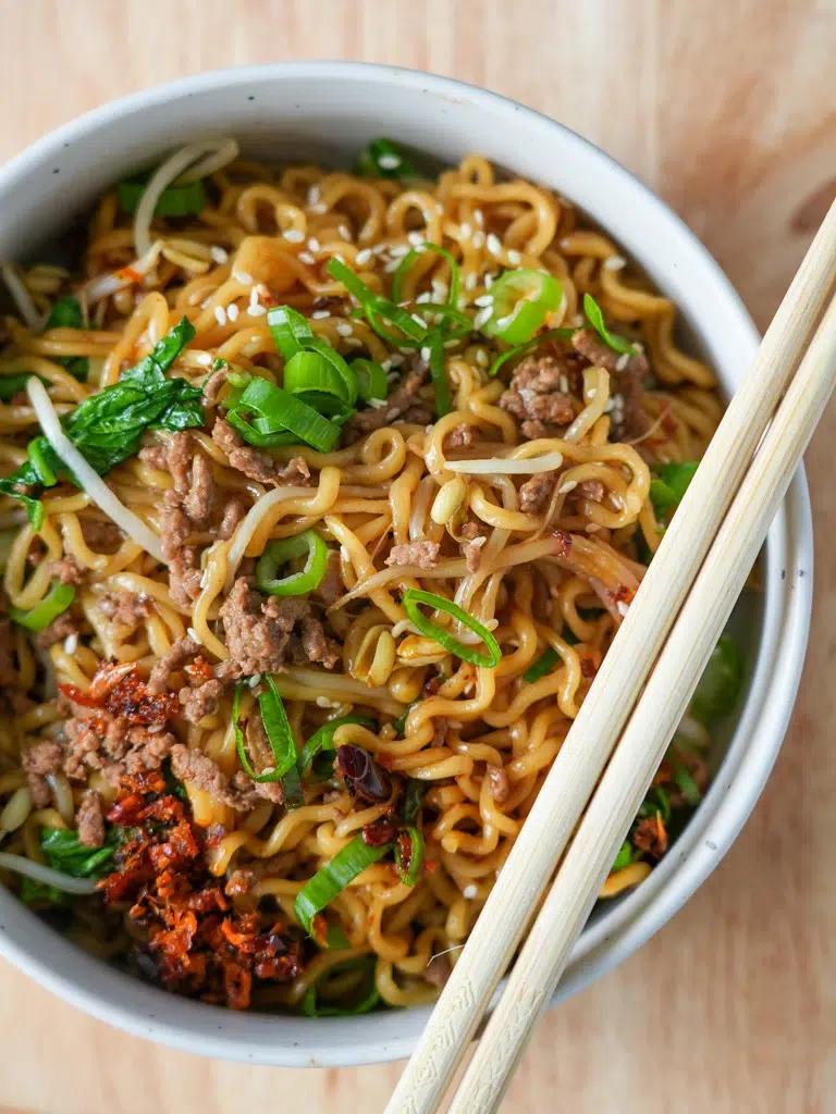 A close up shot of the finished ramen dish