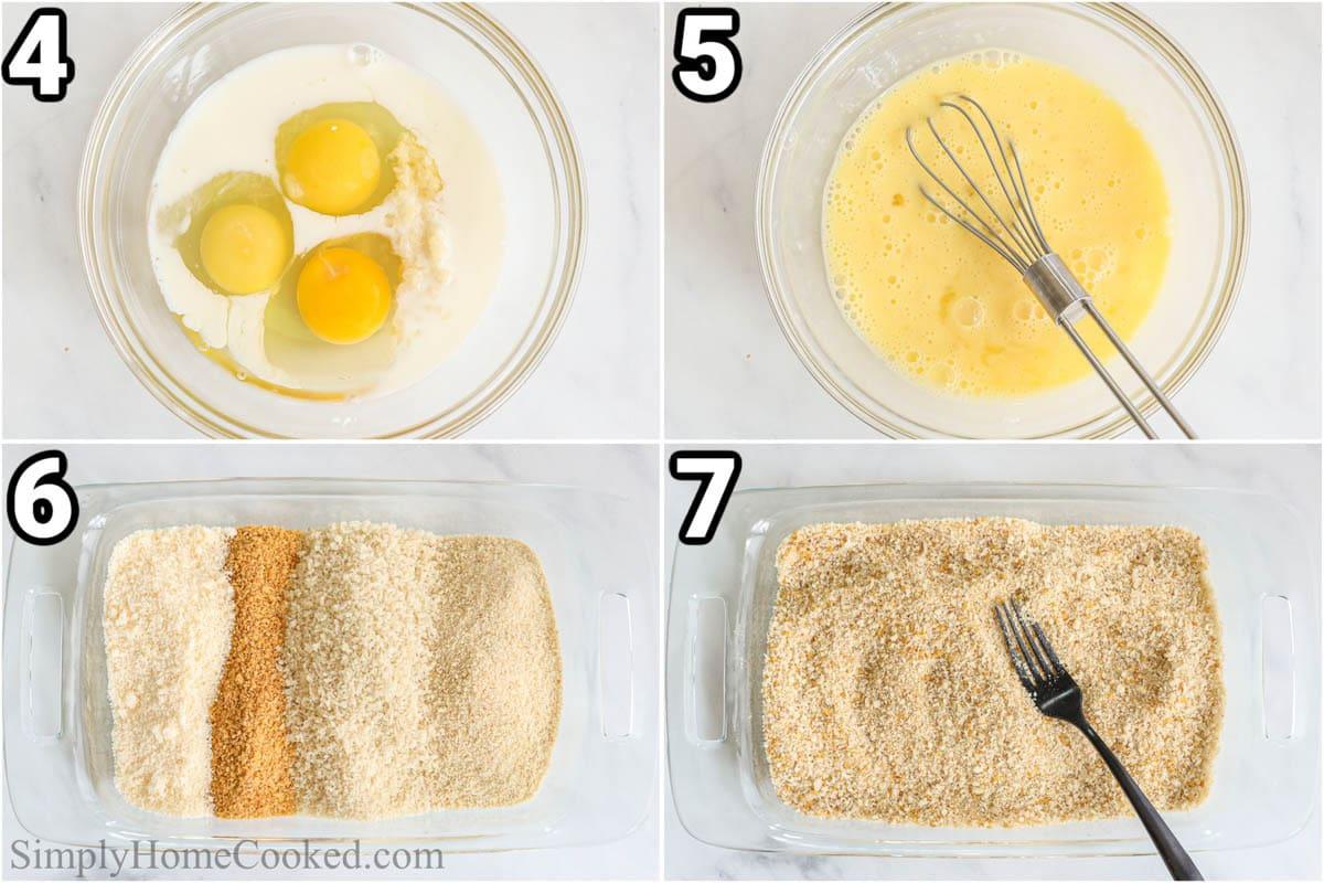 Three shallow dishes set up for breading chicken, showing flour, egg wash, and breadcrumb mixture