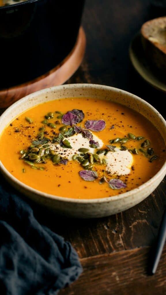 A person enjoying a bowl of pumpkin soup with rice in a cozy setting