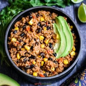 A person enjoying a hearty bowl of Instant Pot Quinoa and Black Bean Rice.
