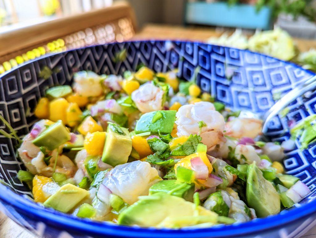 Close up shot of vibrant, colorful ceviche