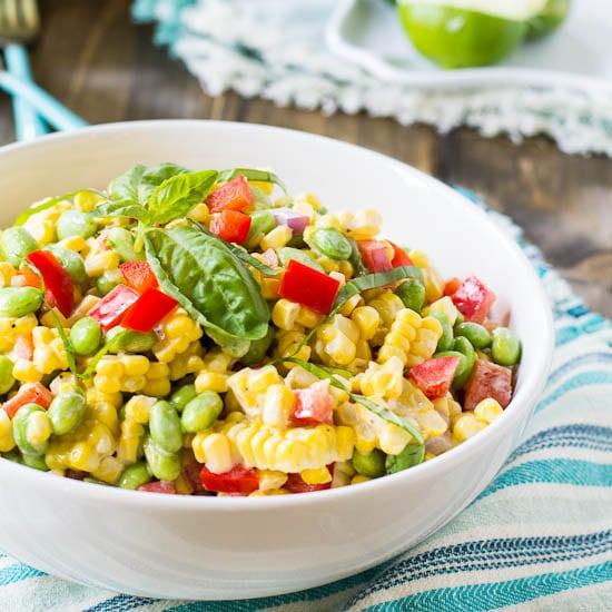 close up of grilled corn and edamame salad