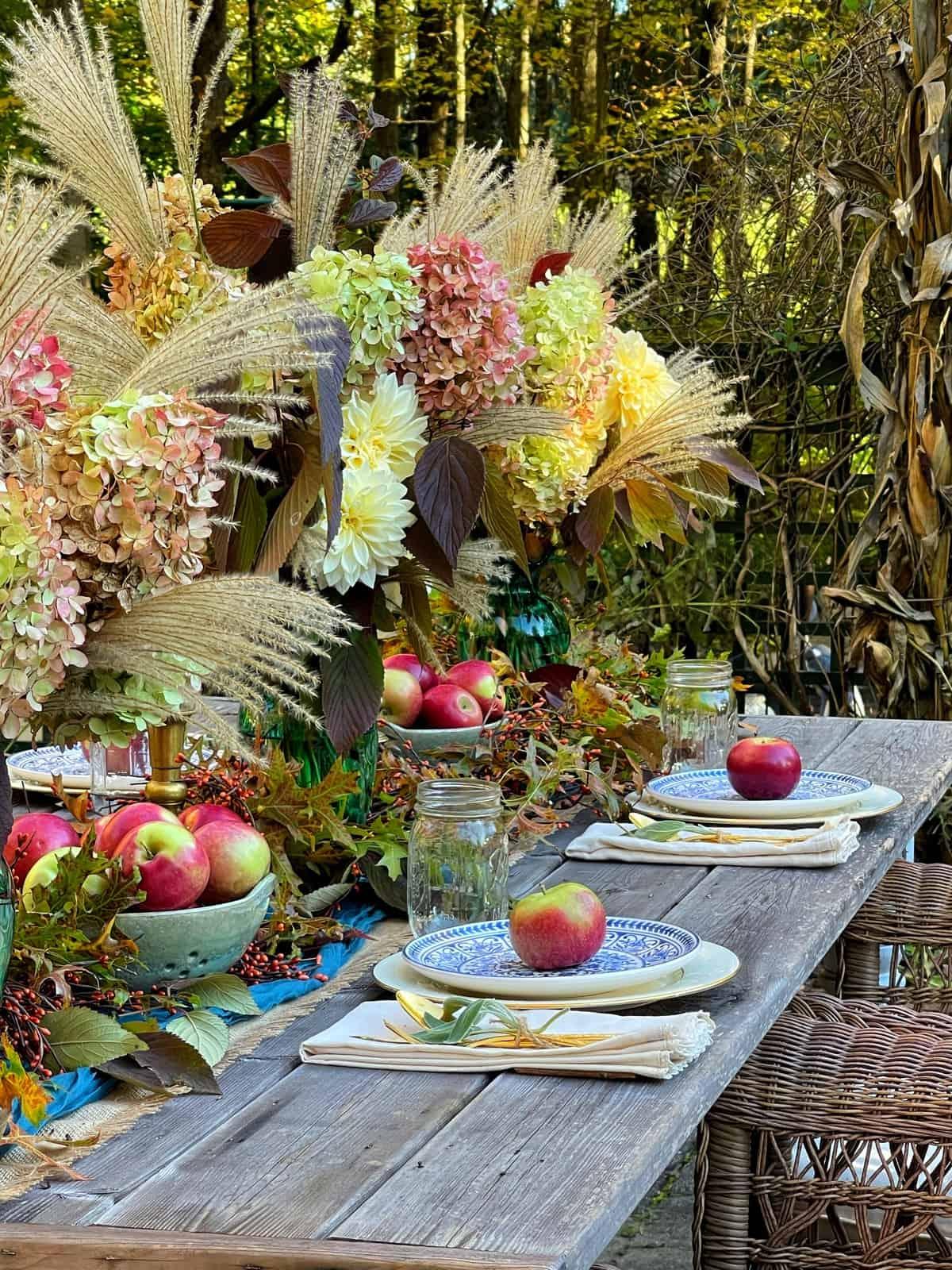 rustic table setting with deconstructed apple crisp, autumn leaves