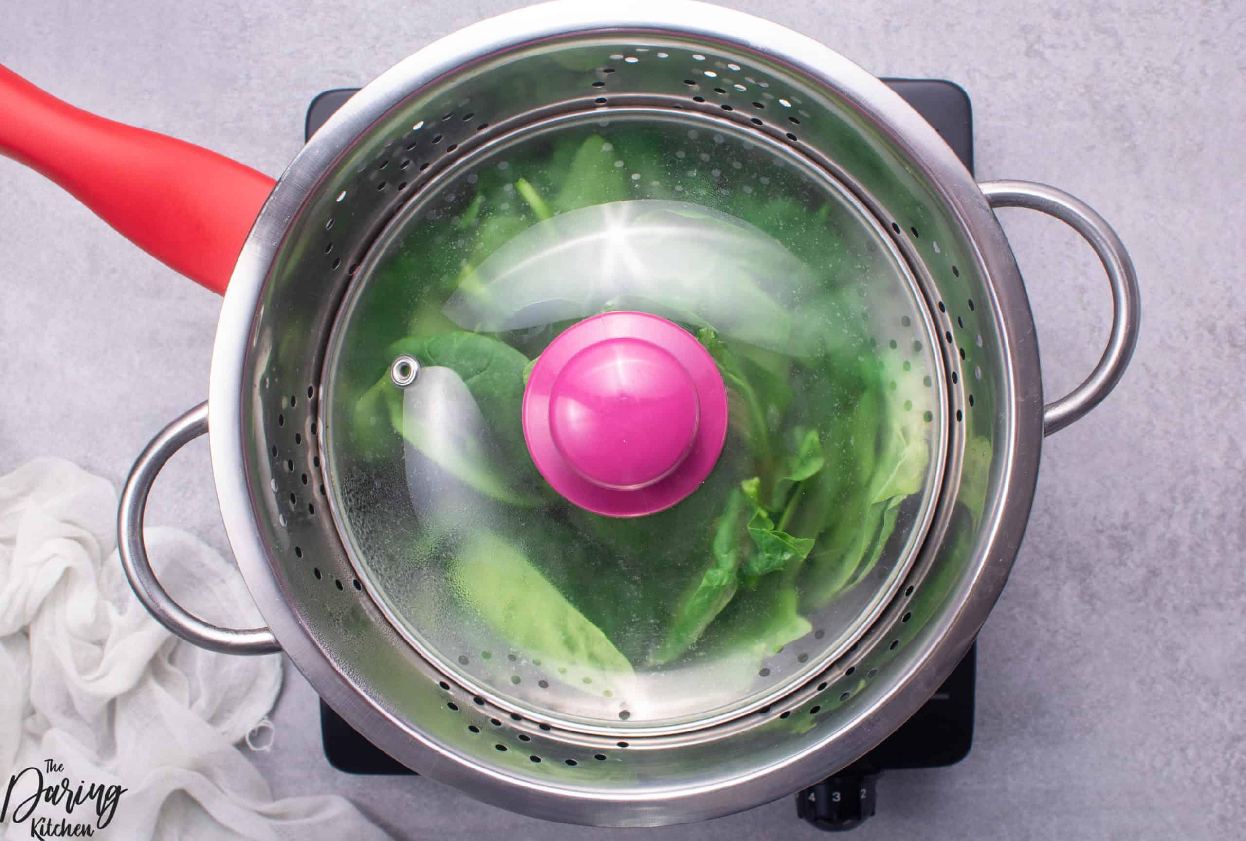 the flounder and spinach steaming in a pot with a glass lid