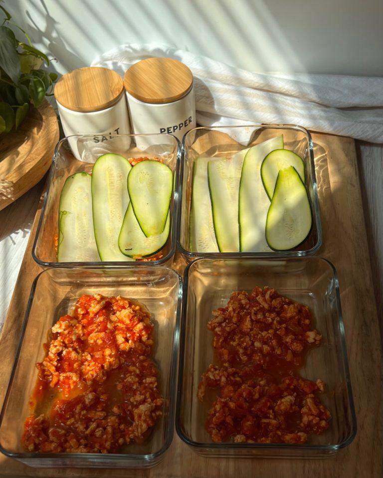 several containers of pre-portioned lasagna ready for meal prep